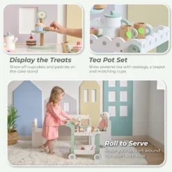 Afternoon Sip Wood Dessert Cart with 21 Pieces & Rotatable Wheels