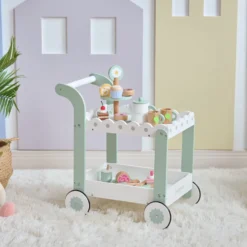 Afternoon Sip Wood Dessert Cart with 21 Pieces & Rotatable Wheels