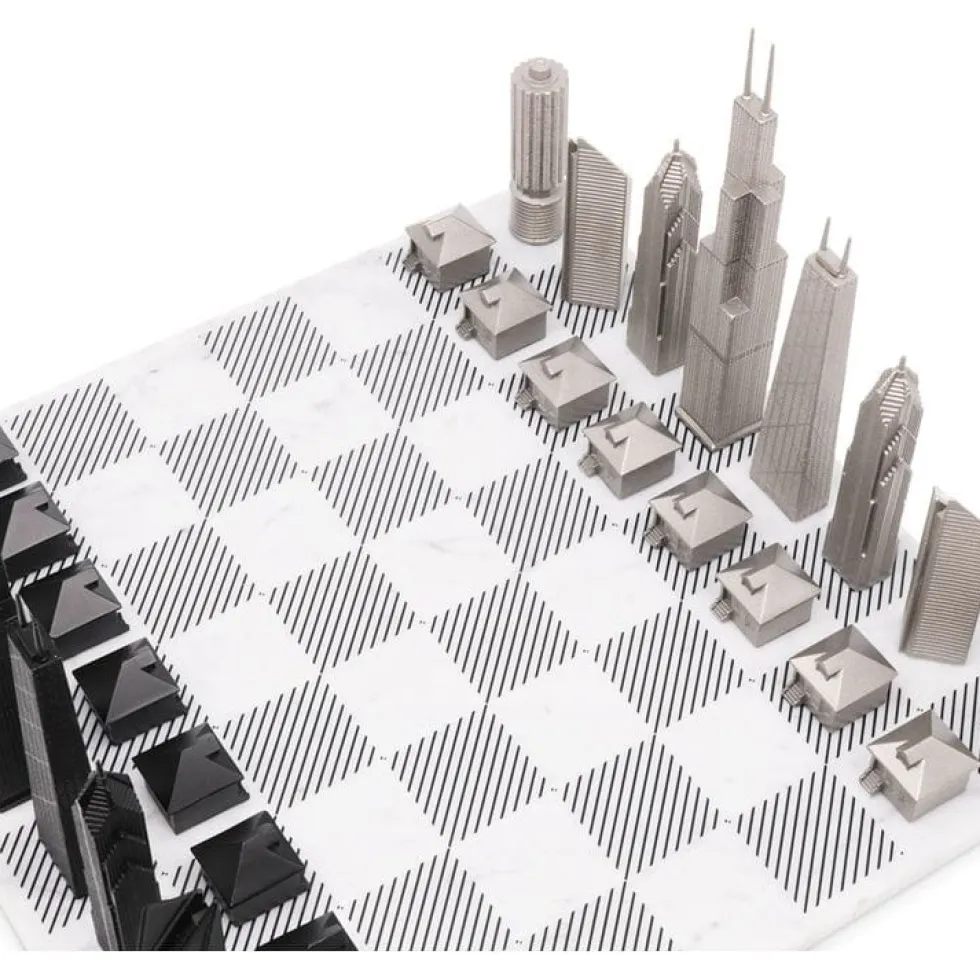 Chicago Edition Stainless Steel Chess Set with Marble Hatch Board