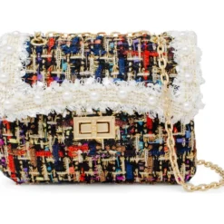 Classic Tweed Handbag with Pearls - Black