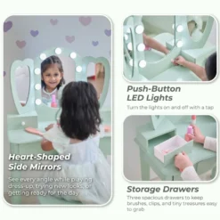 Heart Glow Wooden Vanity Set with LED Lights Mirror & Stool - Sage Green