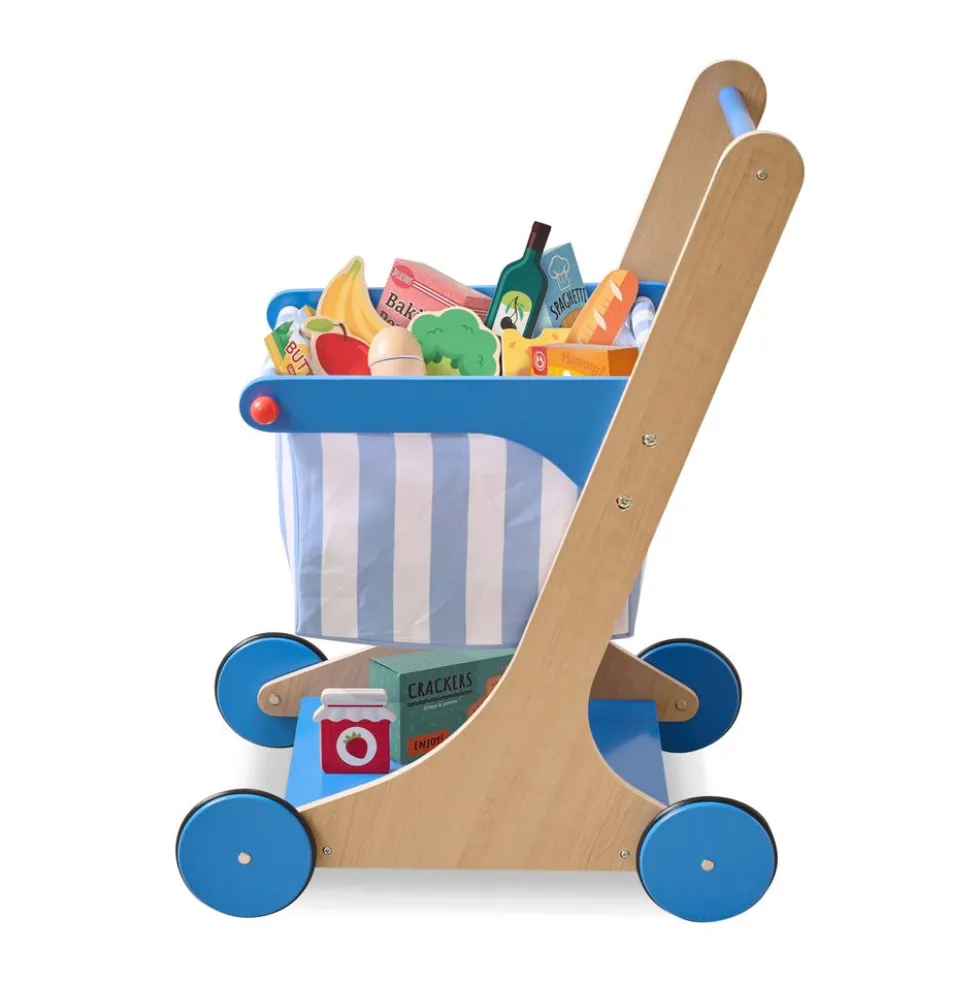 Little Helper Mr. Fresh Wooden Shopping Cart with 13 Grocery Accessories - Blue