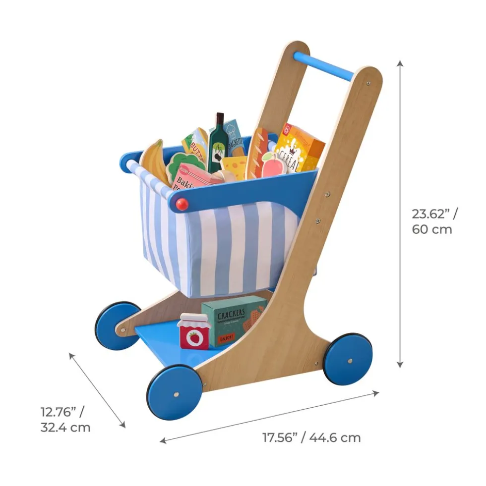 Little Helper Mr. Fresh Wooden Shopping Cart with 13 Grocery Accessories - Blue