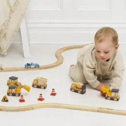 7 Piece Wood Construction Toy Cars, Trucks & Diggers Set