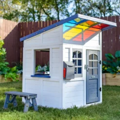 Rainbow Shade Wooden Playhouse with Kitchen, Flower Box & Bench - White