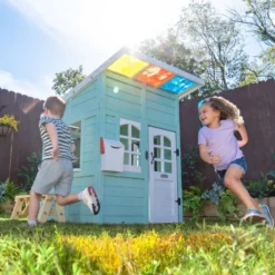 Rainbow Shade Wooden Playhouse with Kitchen, Flower Box & Bench - Blue