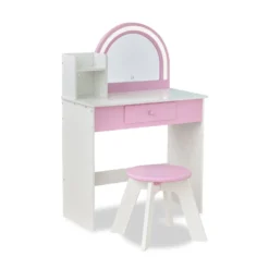 Rosé Shine Wood Vanity & Desk with LED Mirror & Stool - Pink/White